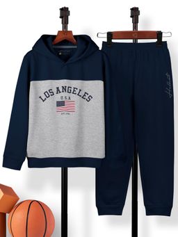 HELLCAT - Navy Blue Trendy Printed Cotton Blend Hoodie & Joggers (Set of 2)