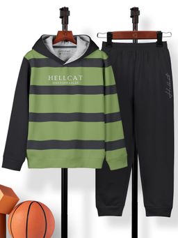 HELLCAT - Green Trendy Printed Cotton Blend Hoodie & Joggers (Set of 2)