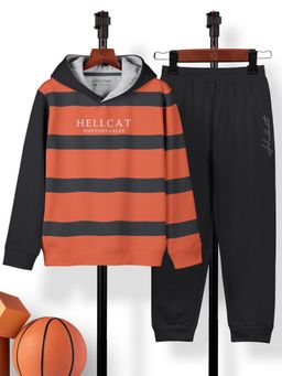 HELLCAT - Orange Trendy Printed Cotton Blend Hoodie & Joggers (Set of 2)