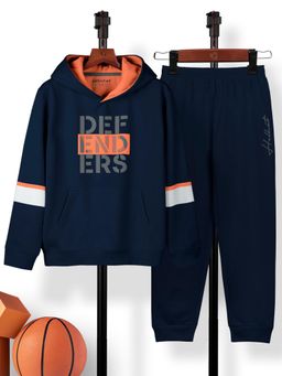 HELLCAT - Navy Blue Printed Cotton Blend Hoodie & Joggers (Set of 2)