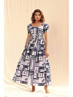 Moonstruck - Blue Flared Geometric Abstract Maxi Dress