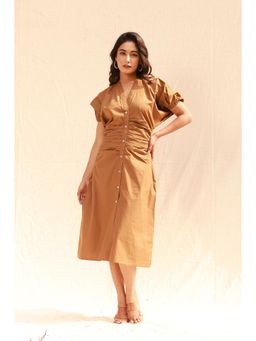 Moonstruck - Brown Poplin Shirt Style Midi Dress