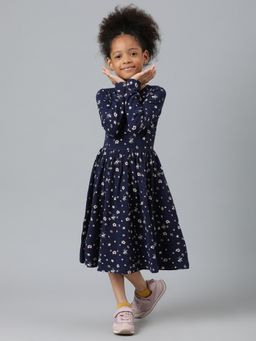 Beverly Hills Polo Club - Girls Starry Floral Waffle Midi Dress - Navy Blue
