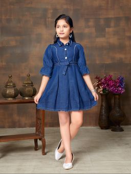 Aarika - Party Wear Navy Blue Colour Solid Denim Mini Dress with Belt (Set of 2)