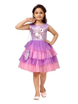 Aarika - Purple-Pink Colour Unicorn Print Frock with Sling Bag (Set of 2)