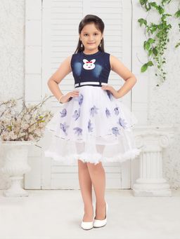 Aarika - Party Wear Navy Blue Colour Self Design Net and Denim Frock (Set of 2)