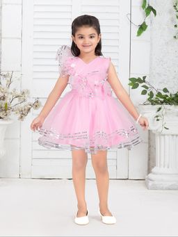 Aarika - Party Wear Pink Colour Self Design Net Mini Dress