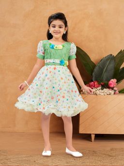 Aarika - Party Wear Sea Green-Cream Colour Floral Print Frock