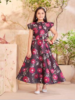 Aarika - Party Wear Wine Colour Floral Print Brocade Gown