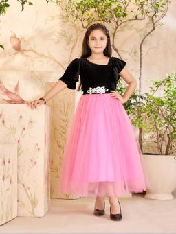 Aarika - Party Wear Pink Colour Self Design Velvet Net Gown