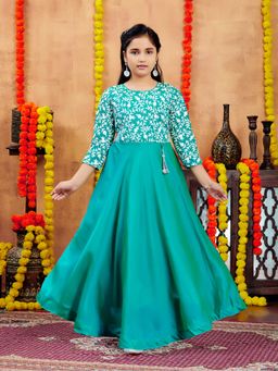 Aarika - Party Wear Turquoise Colour Chicken Embroidery Silk Gown