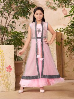 Aarika - Party Wear Pink Colour Beads Embroidery Net Gown with Shrug (Set of 2)