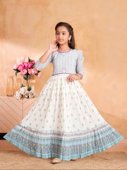 Aarika - Ethnic Wear Cream-Sea Green Colour Hand Embroidery Printed Gown