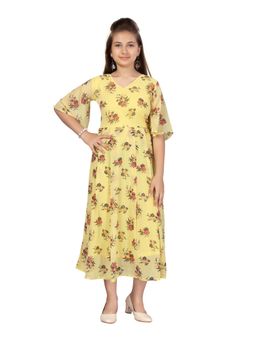 Aarika - Yellow V Neck Floral Midi Dress