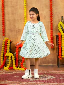 Aarika - Party Wear Sea Green Colour Foil Print Winter Woolen Dress With Belt (Set of 2)