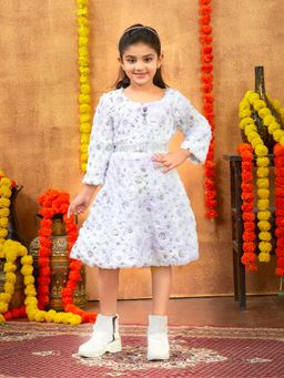 Aarika - Party Wear Purple Colour Foil Print Winter Woolen Dress With Belt (Set of 2)