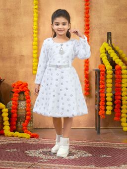 Aarika - Party Wear White Colour Foil Print Winter Woolen Dress With Belt (Set of 2)