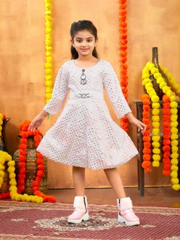 Aarika - Party Wear Pink Colour Foil Print Winter Woolen Dress With Belt (Set of 2)