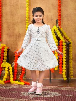 Aarika - Party Wear Peach Colour Foil Print Winter Woolen Dress With Belt (Set of 2)