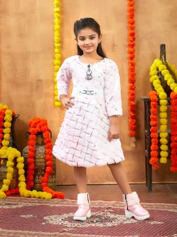 Aarika - Party Wear Pink Colour Foil Print Winter Woolen Dress With Belt (Set of 2)