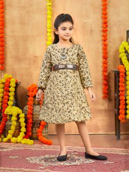 Aarika - Party Wear Brown Colour Floral Winter Woolen Dress With Belt (Set of 2)