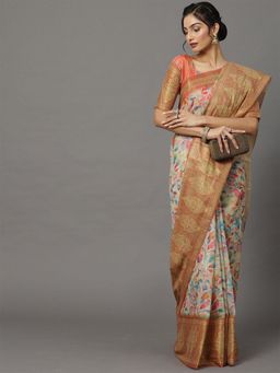 Odette - Women's Soft Silk Cream Printed Designer Saree with Unstitched Blouse