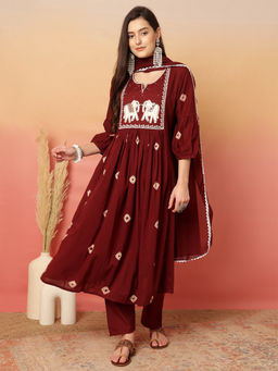 ANAISA - Maroon Embroidered Kurta with Pant and Dupatta (Set of 3)