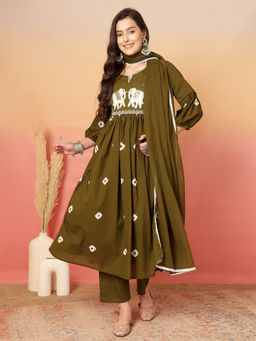 ANAISA - Olive Embroidered Kurta with Pant and Dupatta (Set of 3)