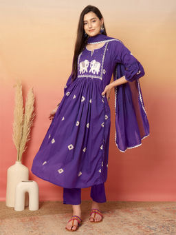 ANAISA - Purple Embroidered Kurta with Pant and Dupatta (Set of 3)