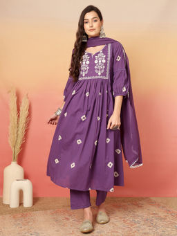 ANAISA - Purple Embroidered Kurta with Pant and Dupatta (Set of 3)