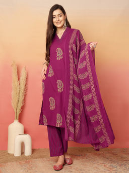 ANAISA - Purple Paisley Kurta with Pant and Dupatta (Set of 3)