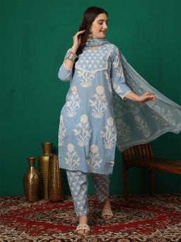 ANAISA - Blue Floral Kurta with Pant and Dupatta (Set of 3)