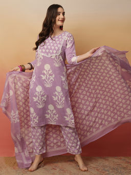 ANAISA - Purple Floral Kurta with Pant and Dupatta (Set of 3)