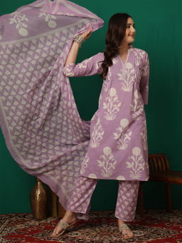 ANAISA - Purple Floral Kurta with Pant and Dupatta (Set of 3)