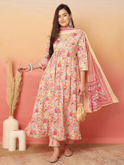 ANAISA - Pink Floral Anarkali Kurta with Pant and Dupatta (Set of 3)