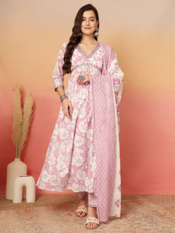 ANAISA - Pink Floral Anarkali Kurta with Pant and Dupatta (Set of 3)