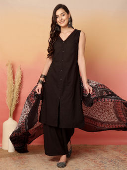 ANAISA - Black Solid/Plain Kurta with Palazzo and Dupatta (Set of 3)