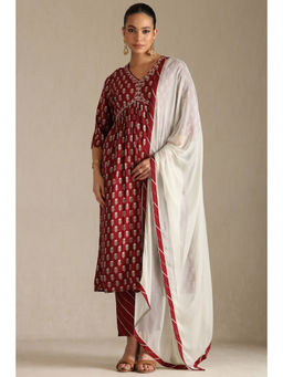 Soch - Maroon Floral Kurta with Pant and Dupatta (Set of 3)