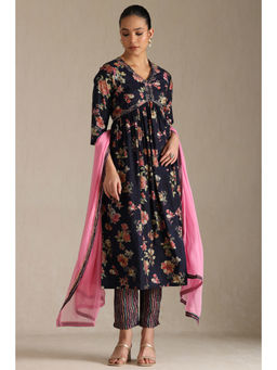 Soch - Navy Blue Floral Kurta with Pant and Dupatta (Set of 3)