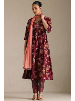 Soch - Wine Floral Kurta with Pant and Dupatta (Set of 3)