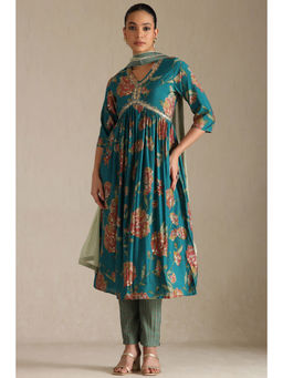 Soch - Teal Floral Kurta with Pant and Dupatta (Set of 3)