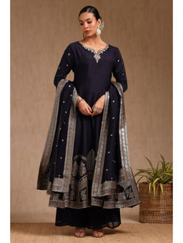 Soch - Navy Blue Woven Anarkali Kurta with Palazzo and Dupatta (Set of 3)