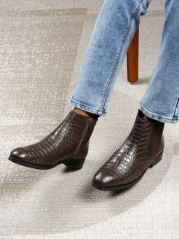 Teakwood - Men Brown Croco-Textured Leather Chelsea Boots