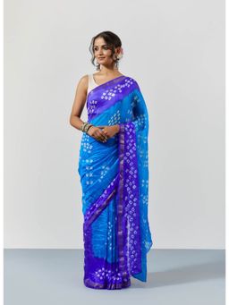 Sutra Attire - Blue Shaded Hand Dyed Bandhani Silk Saree with Unstitched Blouse