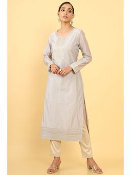 Soch - Women Grey Chanderi Embroidered Kurta