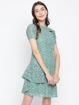 Latin Quarters - Women Green Self Design Puff Sleeve Dress