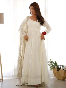 Wedani - Women White Embroidered Anarkali & Pant With Dupatta