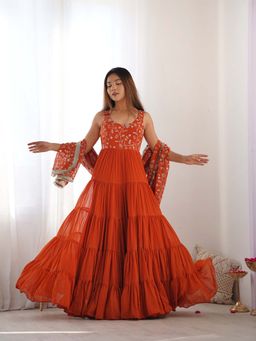 Wedani - Women Orange Embroidered Anarkali & Pant With Dupatta