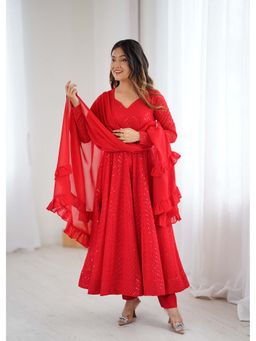 Wedani - Women Red Embroidered Anarkali & Pant With Dupatta