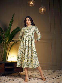 Meeranshi - Yellow-Coloured Floral Printed Midi Dress